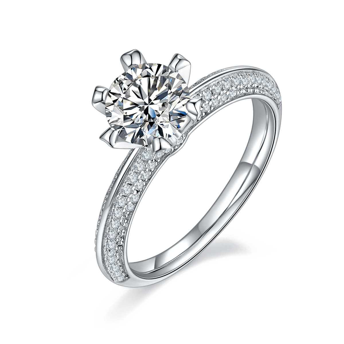 1 Carat Round Moissanite Solitaire Ring | 6.5mm DEF VVS | Pavé Six-Prong 925 Silver