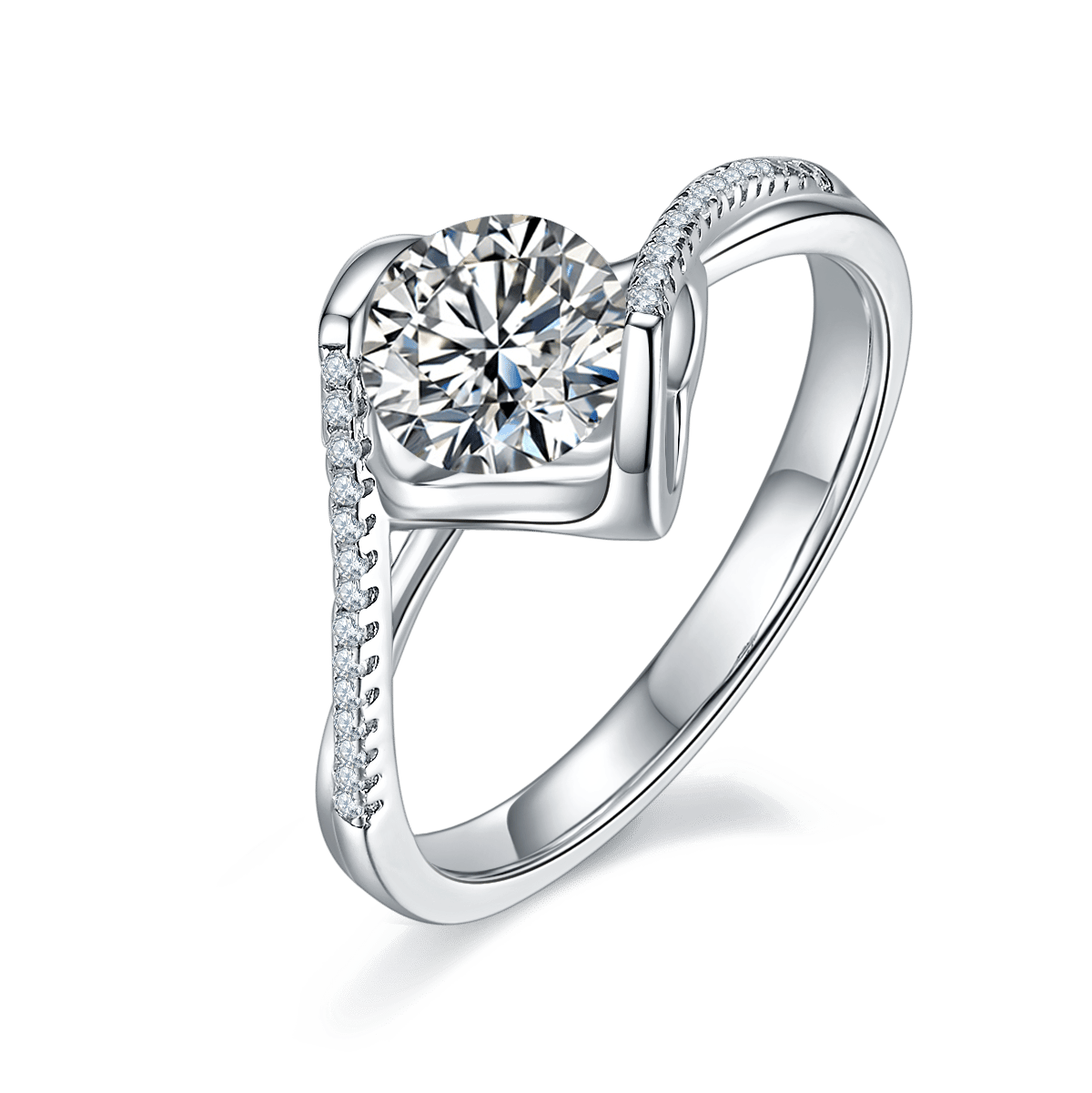 Twisted Bypass Moissanite Ring | Pavé Leaf Arms | 925 Sterling Silver