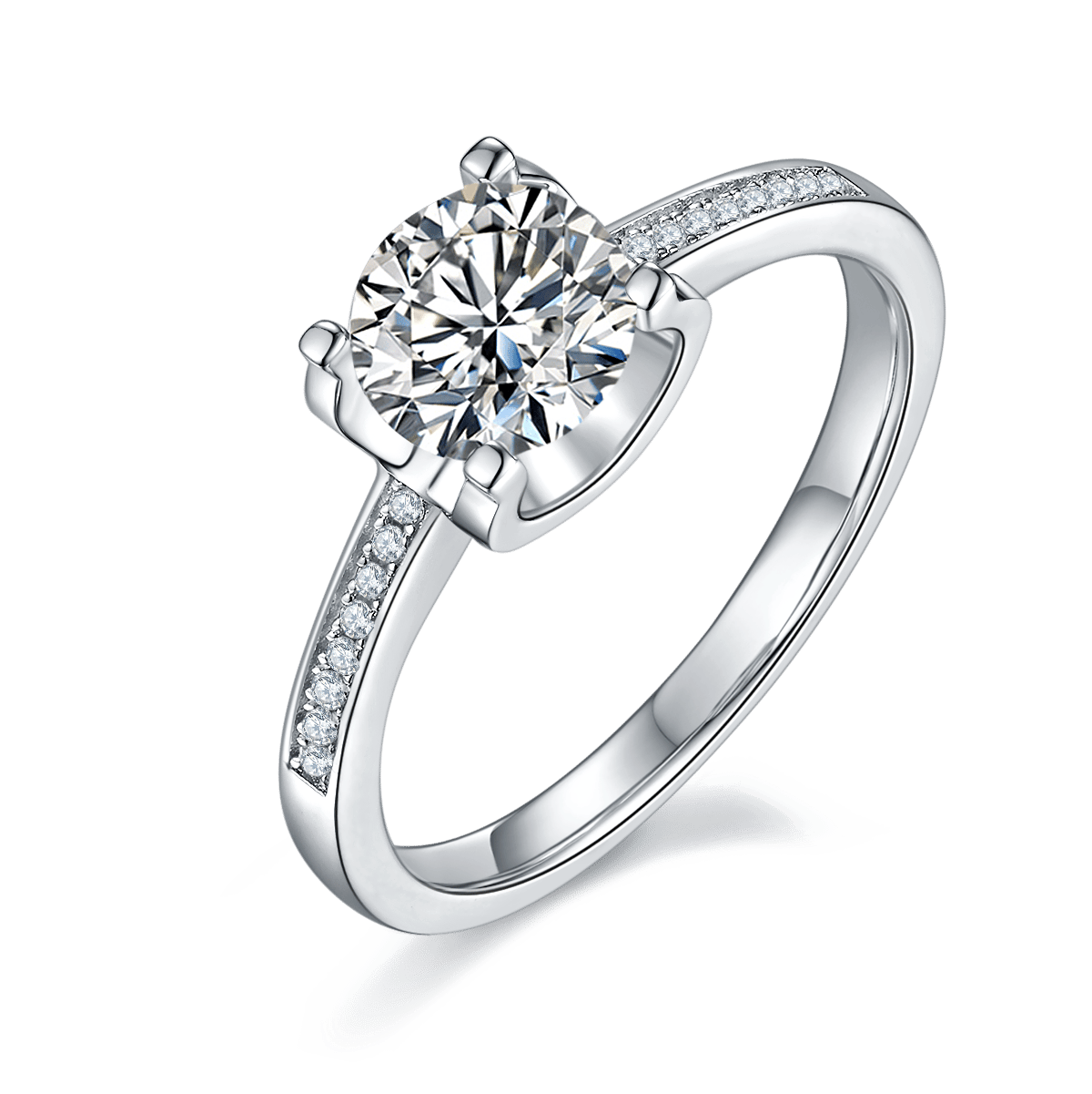 Round Moissanite Solitaire Ring | Pavé Shoulders | 1ct DEW 925 Sterling Silver