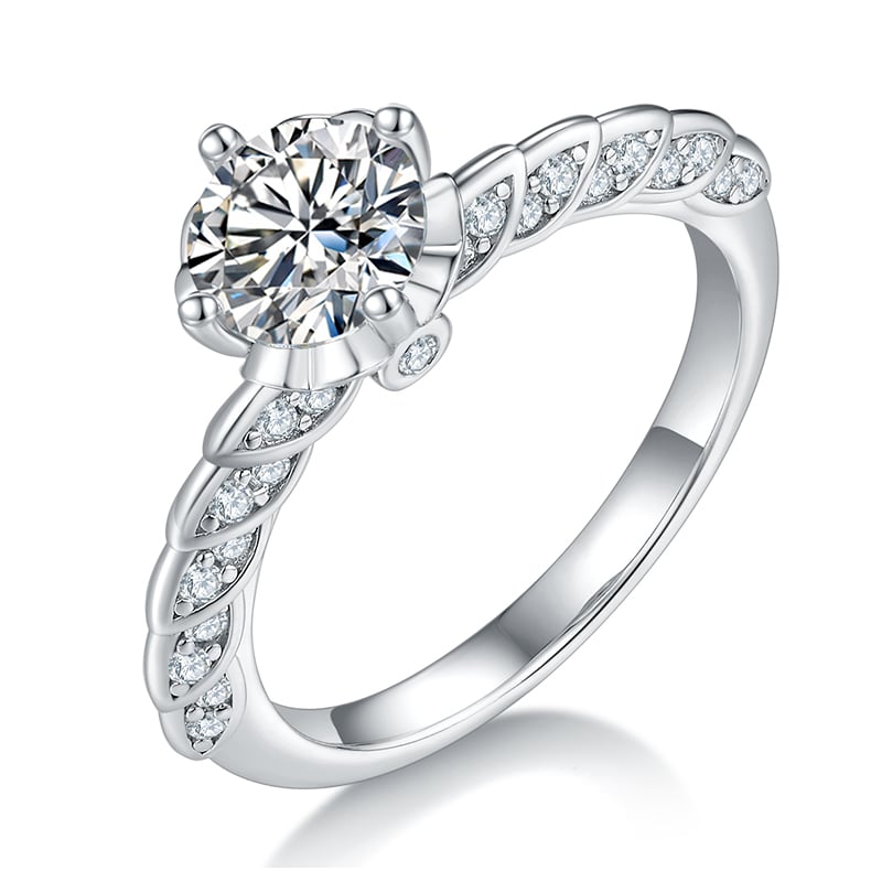 1ct Moissanite Crown Solitaire Ring | Twisted Pavé Band | 925 Sterling Silver