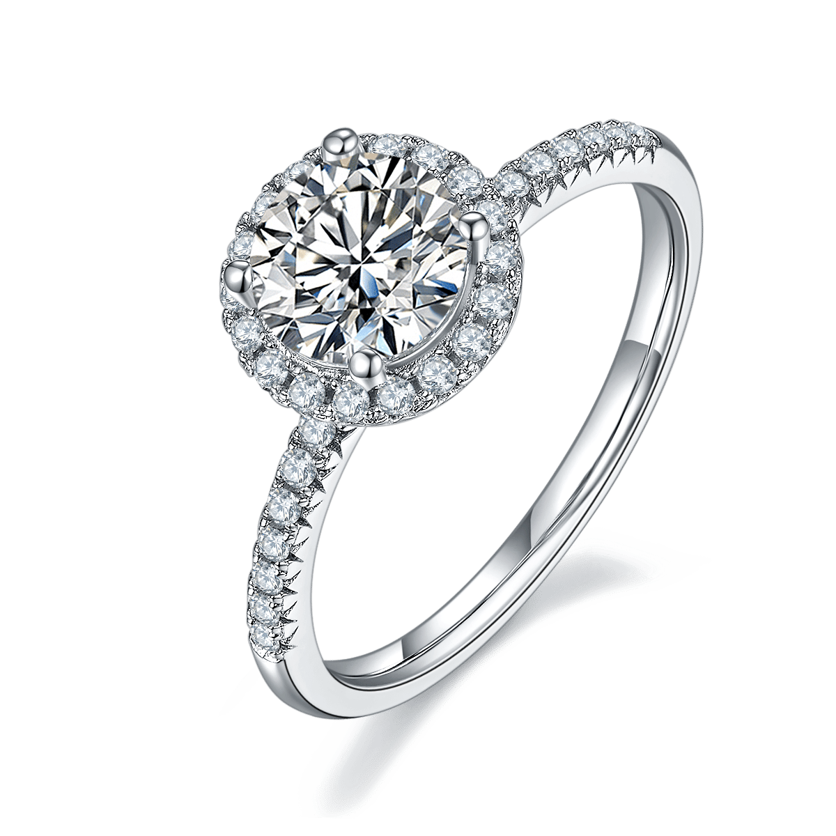 1 Carat Moissanite Engagement Ring | Round Cut Halo, Pavé Band, 925 Sterling Silver