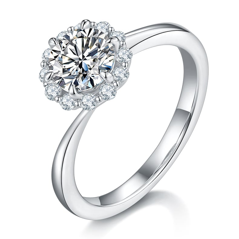 1ct Moissanite Halo Ring | Round Brilliant Cluster | 925 Sterling Silver