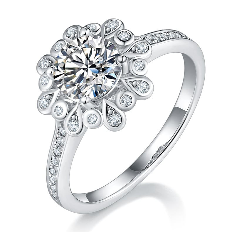 Moissanite Engagement Ring | Floral Halo Round Solitaire | 925 Sterling Silver
