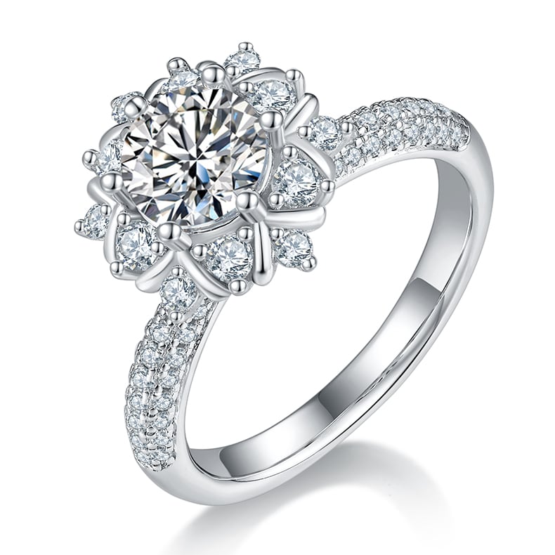 Round Moissanite Flower Halo Engagement Ring | 1ct 925 Silver Pavé Band