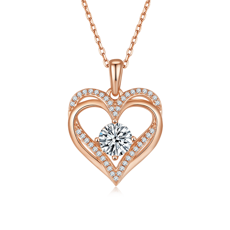 Heart Moissanite Pendant Necklace | Sterling Silver Double-Outline Heart with Round Solitaire | 3 Plating Options