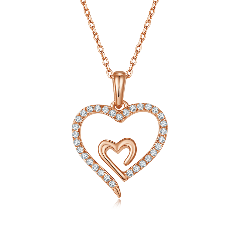 Double Heart Moissanite Pendant Necklace | Sterling Silver Heart-in-Heart | 3 Plating Options