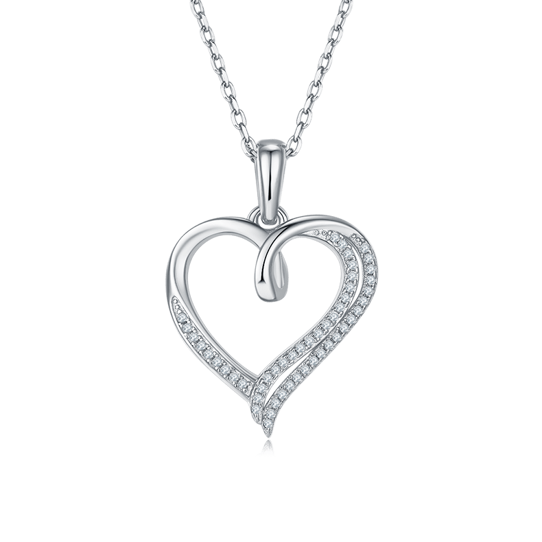 Ribbon Twist Heart Moissanite Pendant Necklace | Sterling Silver Open Heart with Looped Crossover Top | 3 Plating Options