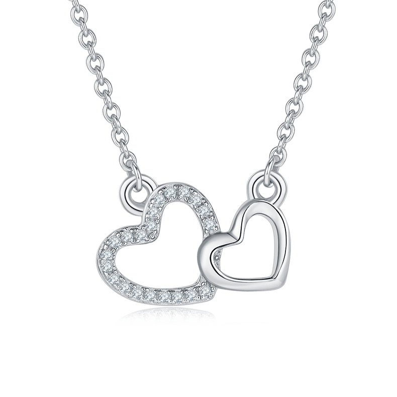 Double Heart Moissanite Necklace | 925 Sterling Silver | Interlocking Pave Hearts