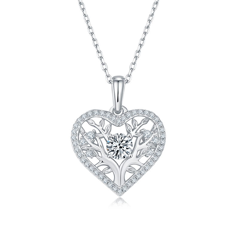 Tree of Life Heart Moissanite Pendant Necklace | Pave Heart Frame | 925 Sterling Silver, 3 Gold Tones