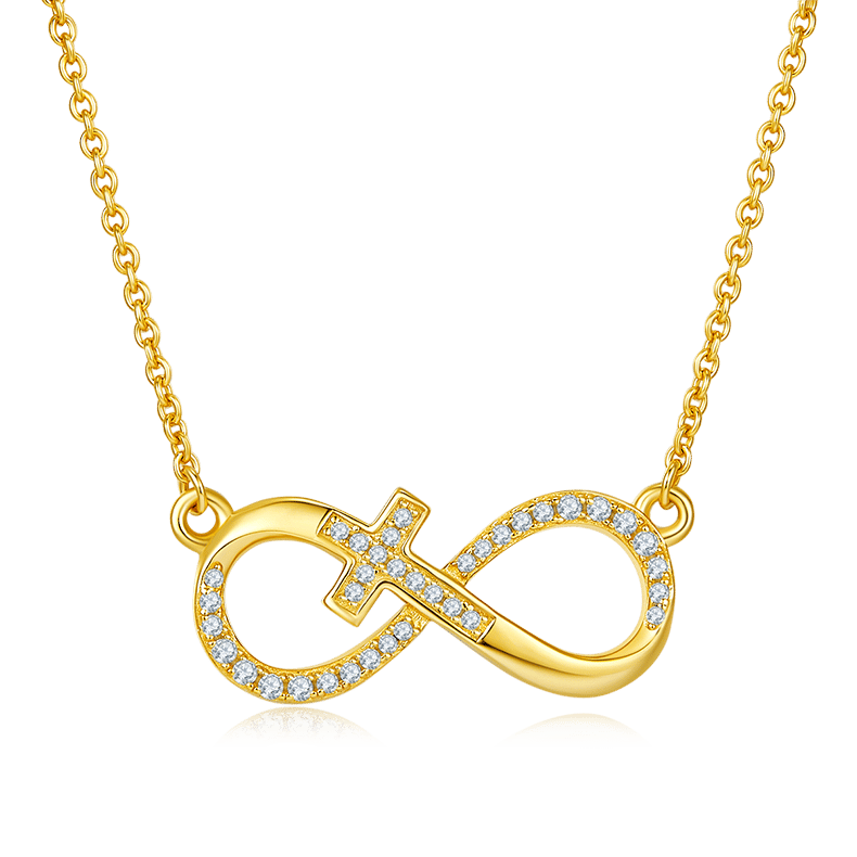 Cross Infinity Moissanite Necklace | Pave Sideways Infinity with Center Cross | 925 Sterling Silver, 3 Gold Tones