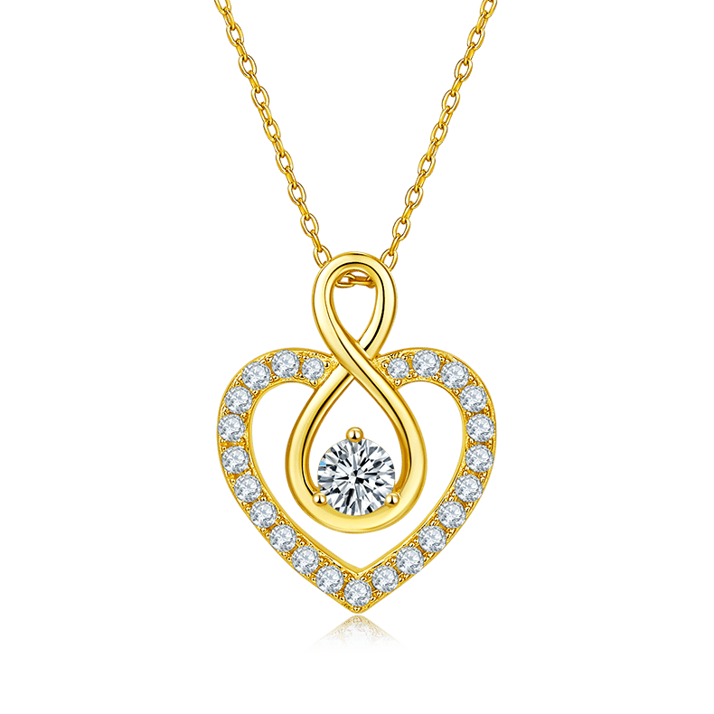 Infinity Heart Moissanite Necklace | Pave Heart with Inner Infinity & Round Center Stone | 925 Sterling Silver, 3 Gold Tones