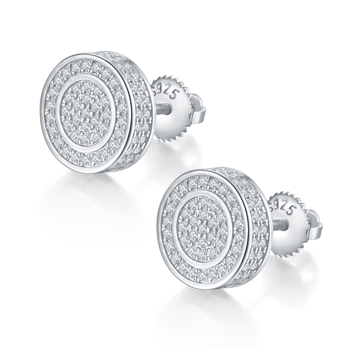 925 Silver Moissanite Stud Earrings | 3D Pavé Round Circle Hip-Hop Studs, Screw-Back Pair