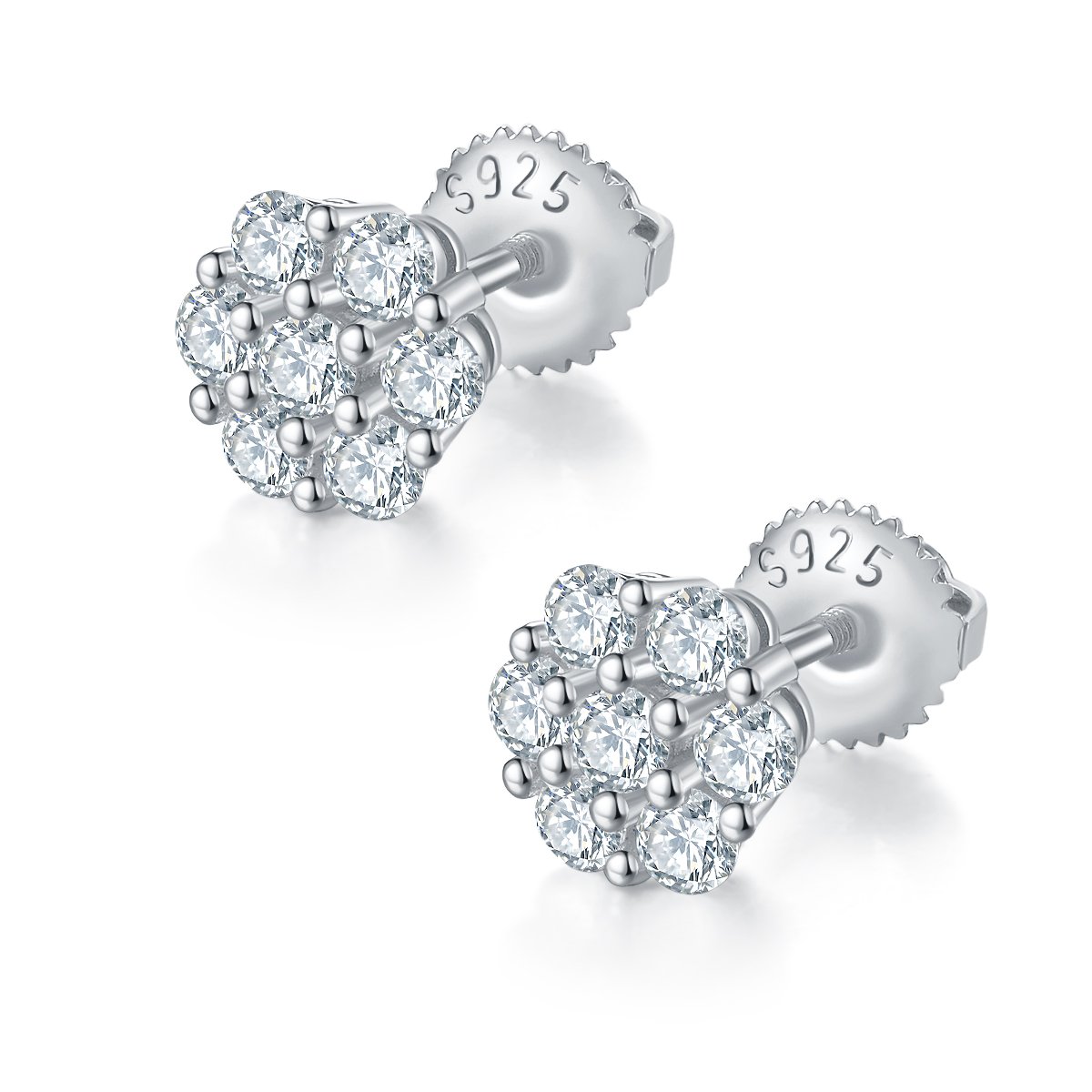 Plum Blossom Moissanite Cluster Stud Earrings | 7-Stone Floral Halo | Screw-Back 925 Silver