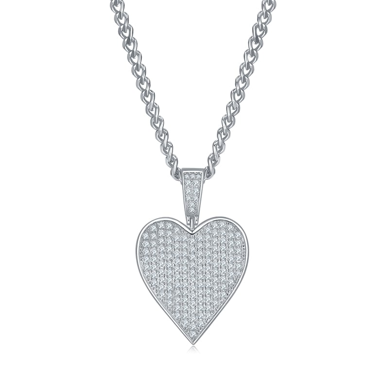 Pavé Heart Moissanite Pendant | 925 Silver Iced Heart Medallion | Curb Chain Necklace
