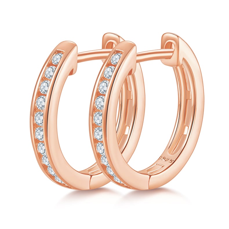 925 Sterling Silver Moissanite Huggie Hoop Earrings | Channel-Set Pave | 18K Gold Plated