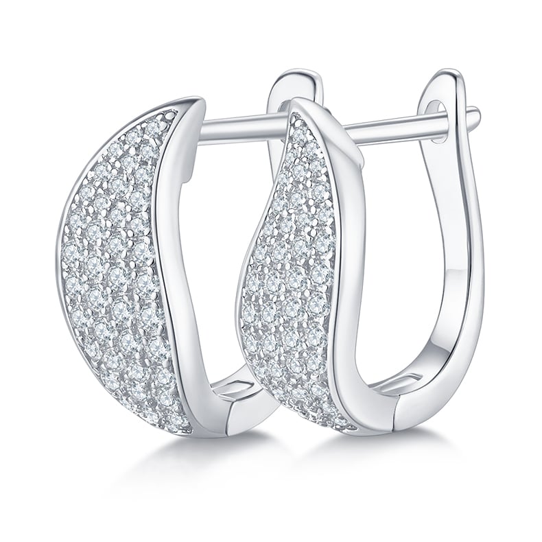 Pavé Moissanite Huggie Hoop Earrings | Curved Leaf 925 Sterling Silver, Leverback