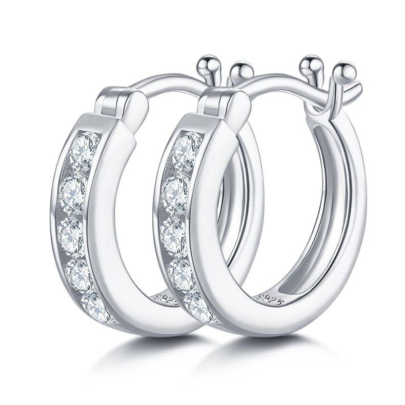 Moissanite Huggie Hoop Earrings | Channel-Set Round Stones | 925 Silver