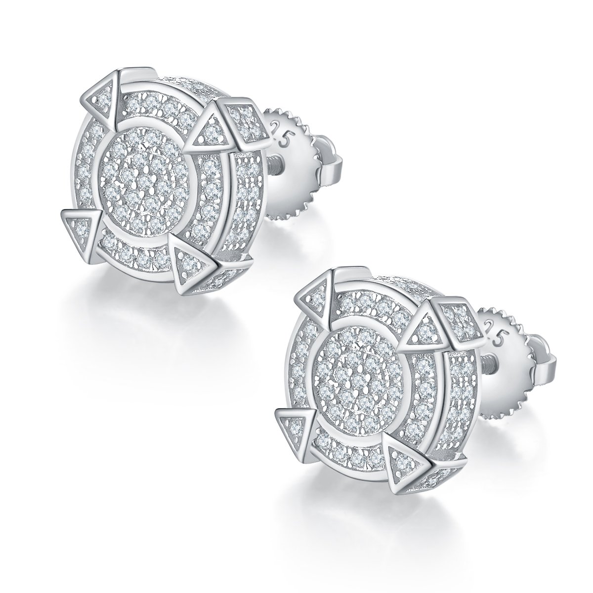 Geometric Moissanite Stud Earrings | Round Pave Compass Medallion | 925 Sterling Silver