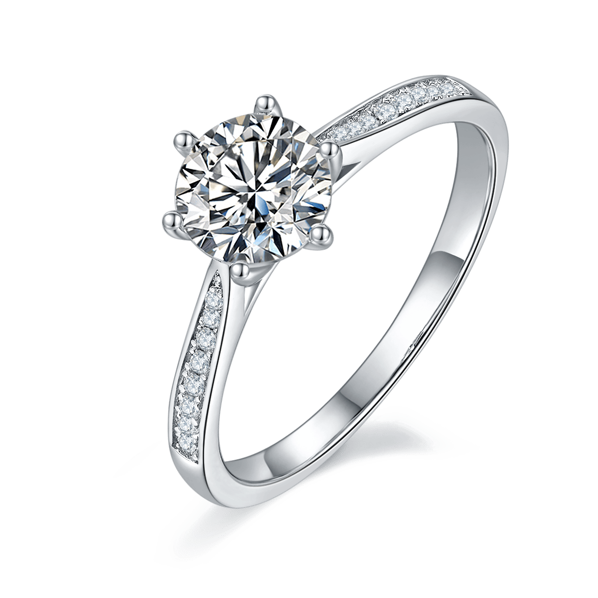 Round Solitaire Moissanite Ring | 1 Carat 6-Prong | Pavé Accents 925 Sterling Silver
