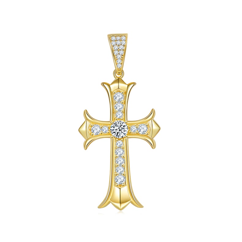 Men's Gothic Cross Moissanite Pendant | Pave Round Center | 925 Sterling Silver