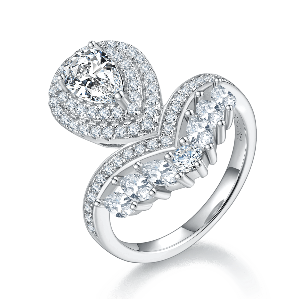 Pear Cut Moissanite Bypass Ring | Marquise Wing Crown | 925 Sterling Silver