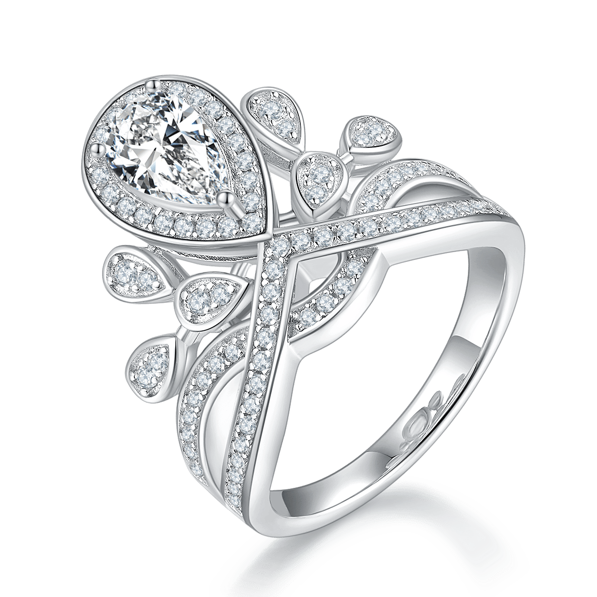Pear Cut Moissanite Crown Ring | Leaf Pave Tiara | 925 Sterling Silver