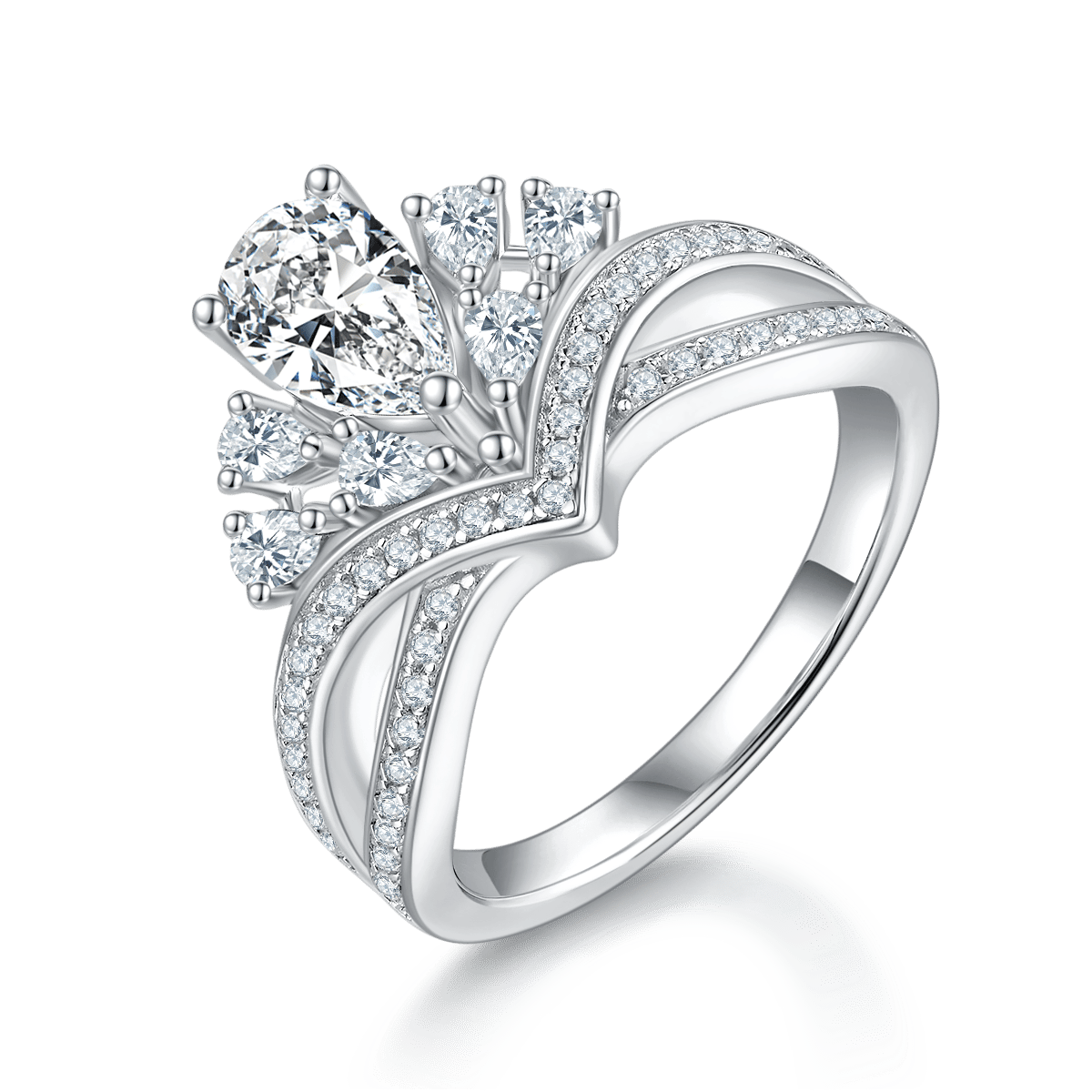 Vintage Crown Pear Cut Moissanite Ring | 1ct DEW Tiara Cluster | 925 Silver