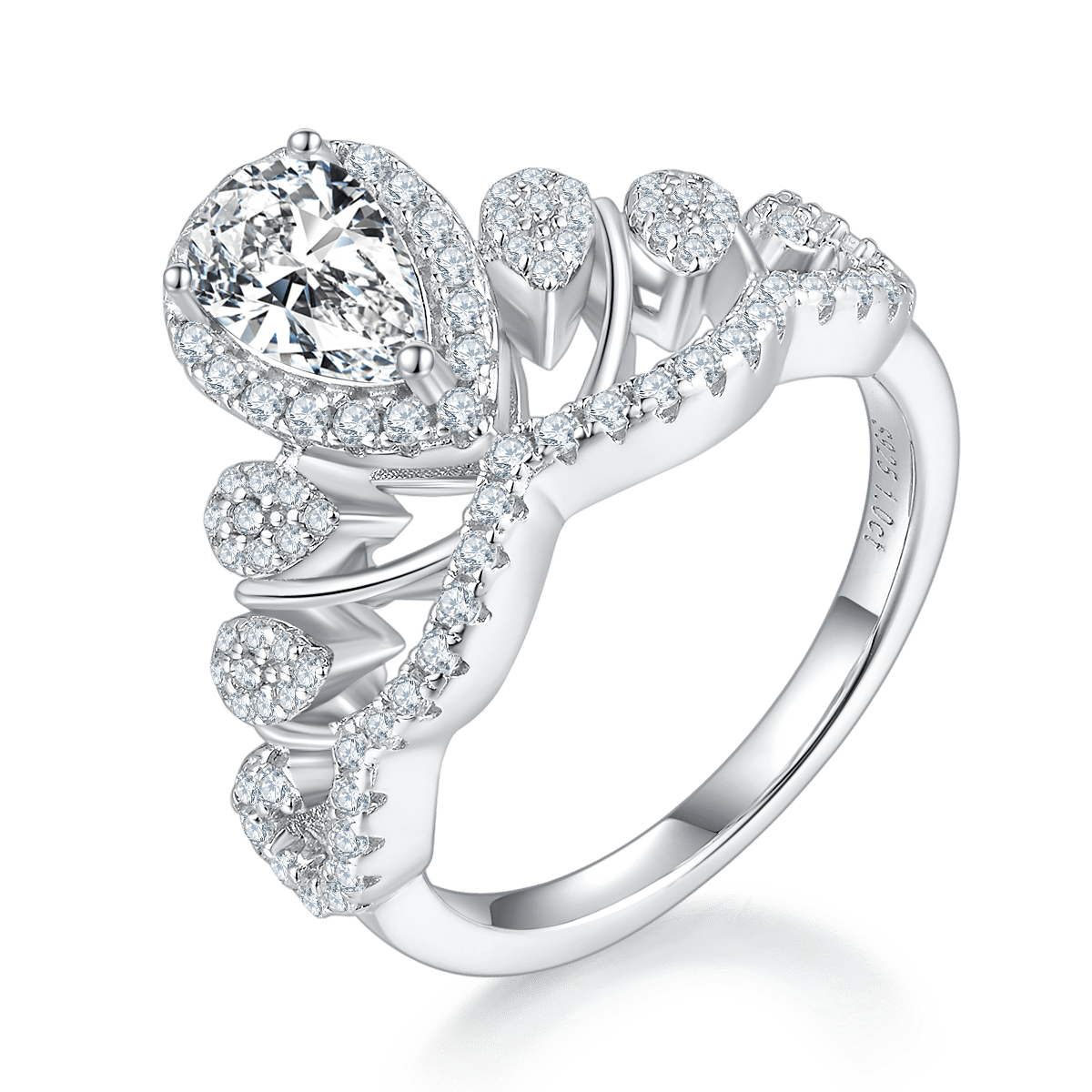 1ct Pear Cut Halo Crown Moissanite Ring | DEF Colorless | 925 Sterling Silver