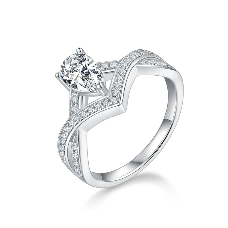 Vintage Crown Pear Cut Moissanite Ring | 1ct DEW Crossover Band | 925 Silver