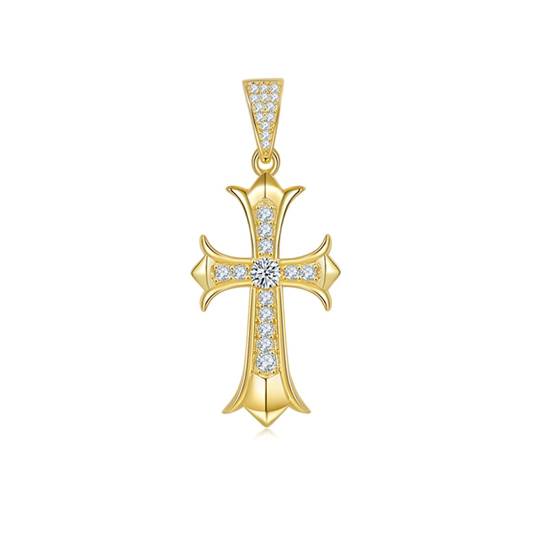 Gothic Moissanite Cross Pendant Necklace | 925 Silver Pave Band | Round Center Stone