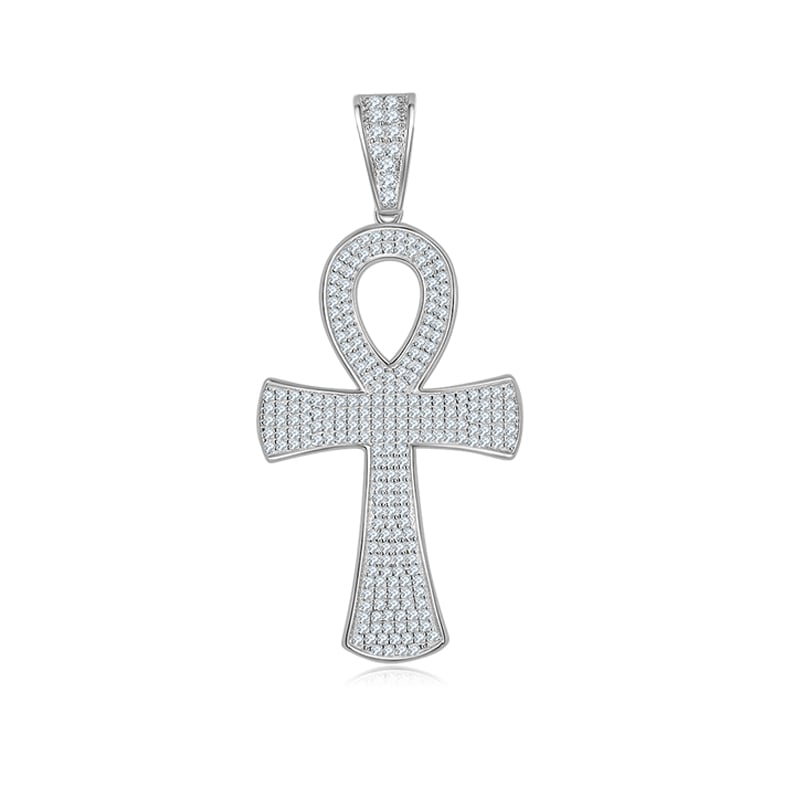 Moissanite Ankh Cross Pendant Necklace | Fully Pave 925 Silver | Egyptian Key-of-Life