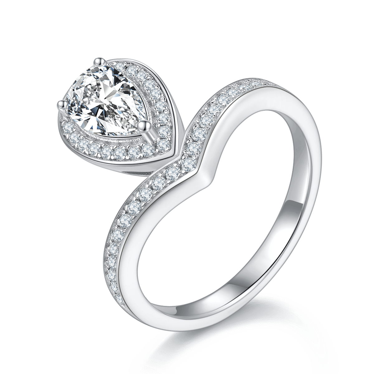 1ct Pear-Cut Moissanite V-Band Ring | Halo Solitaire | 925 Sterling Silver