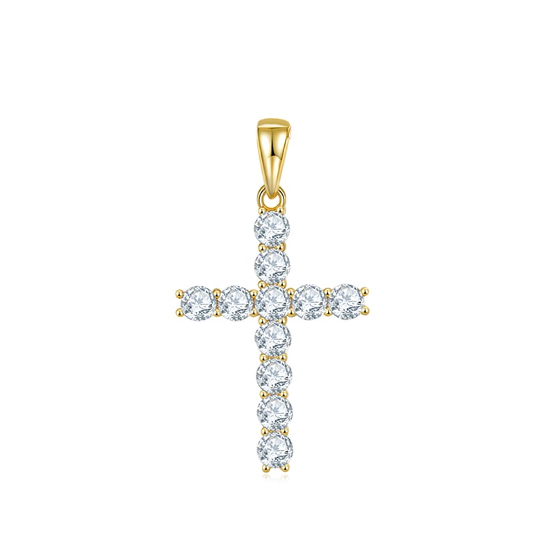 Round-Cut Moissanite Cross Pendant Necklace | 11-Stone Prong-Set Sterling Silver