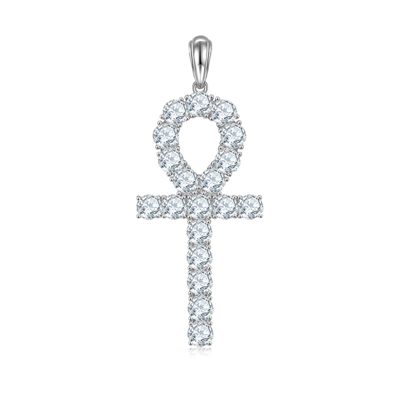 Moissanite Ankh Cross Pendant Necklace | Prong-Set Round Stones in Sterling Silver