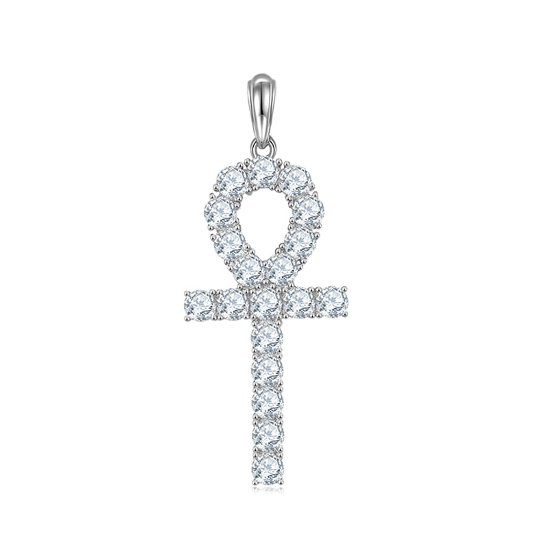 Moissanite Ankh Cross Pendant Necklace | Fully Pave Key-of-Life | White & Yellow Gold Plated Silver