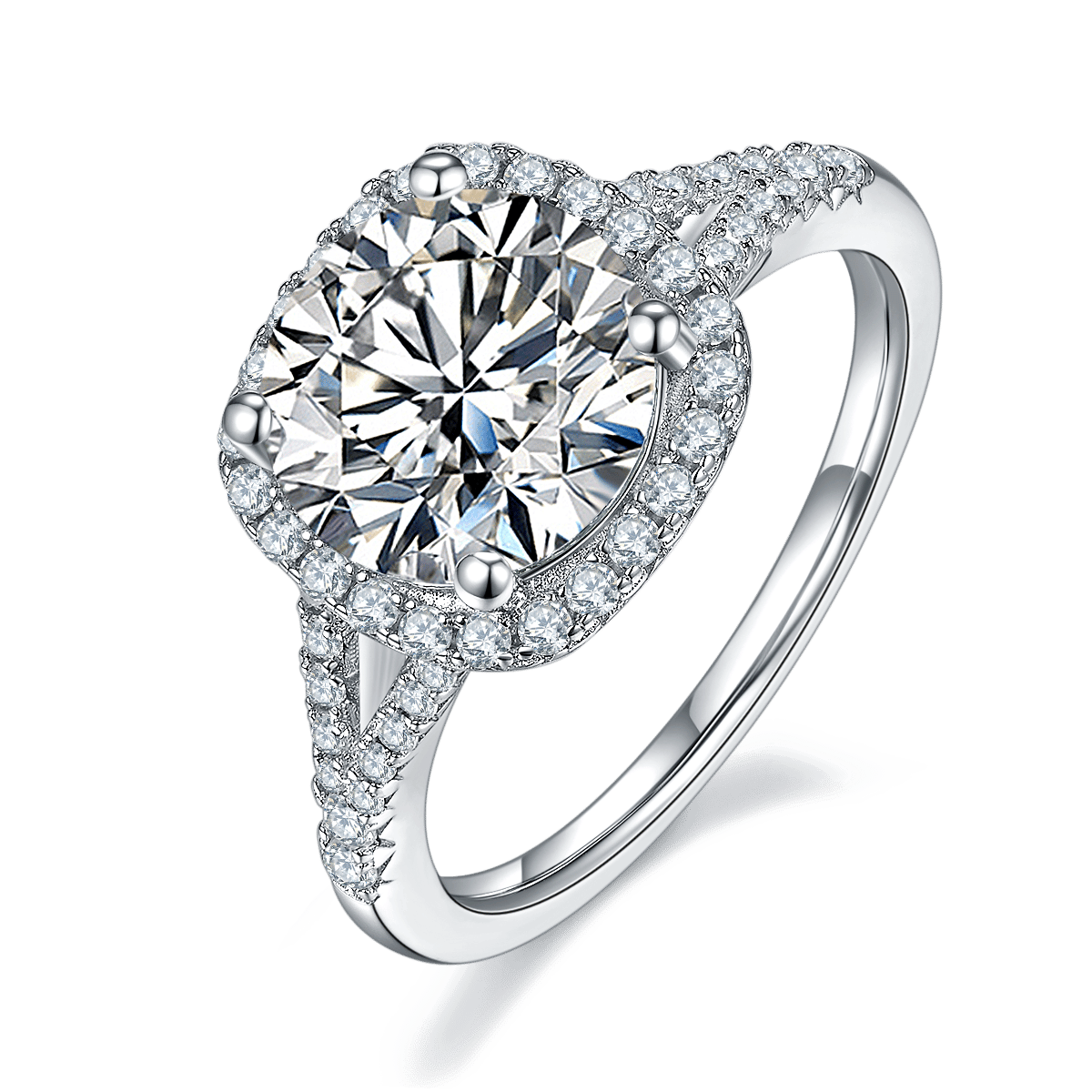 3 Carat Round Moissanite Halo Ring | Cushion Halo & Split Shank | Sterling Silver