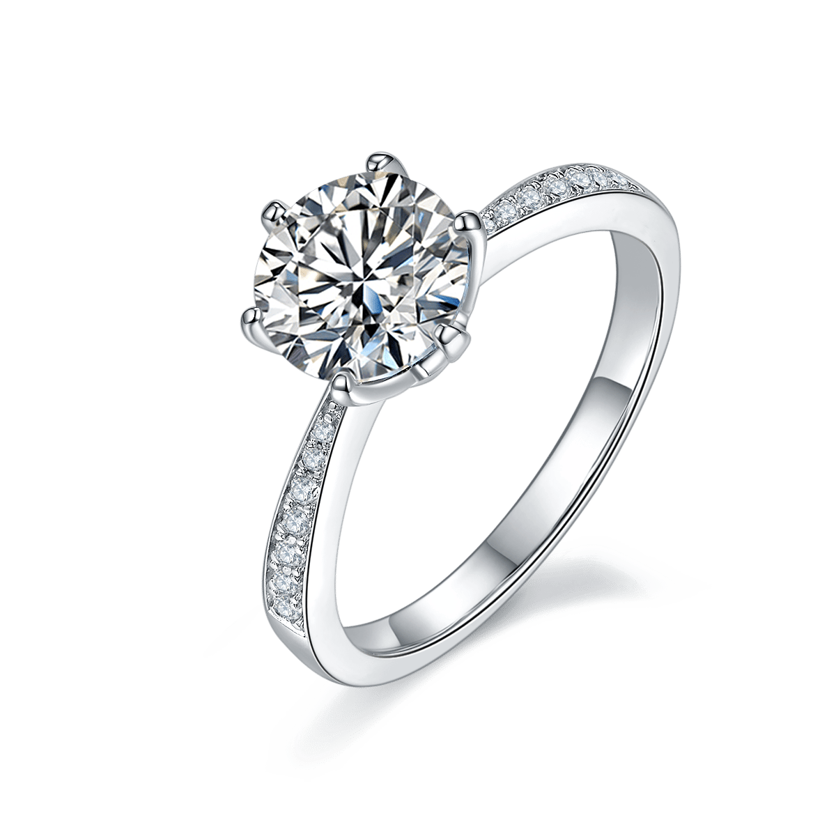 1.5ct Round Moissanite Solitaire Ring | Four-Prong Pavé-Accented Band | DEF VVS Sterling Silver