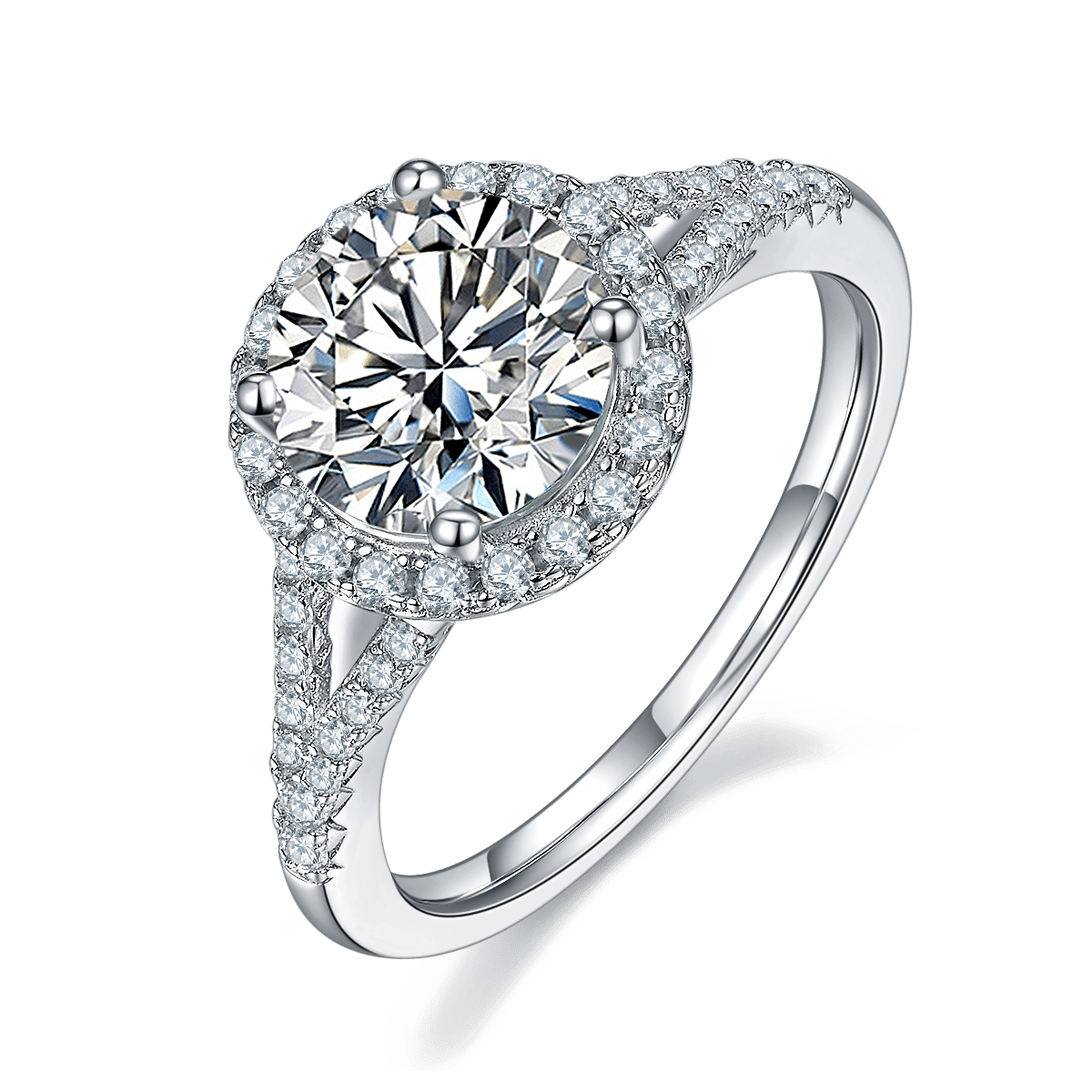 2 Carat Moissanite Statement Ring | Round Halo, Split-Shank Double-Arm Band