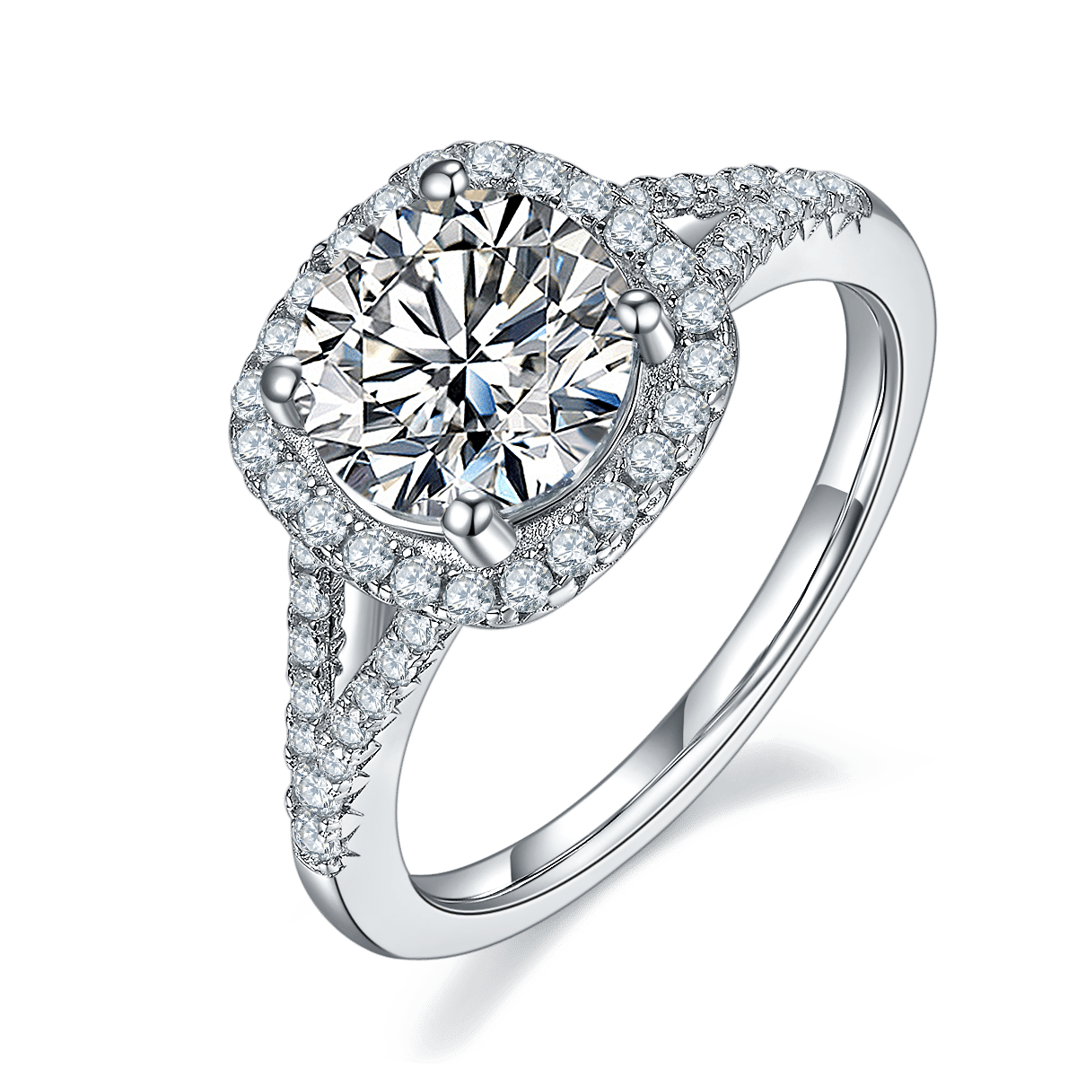 2 Carat Round Moissanite Halo Engagement Ring | Cushion Halo Split-Shank Pave