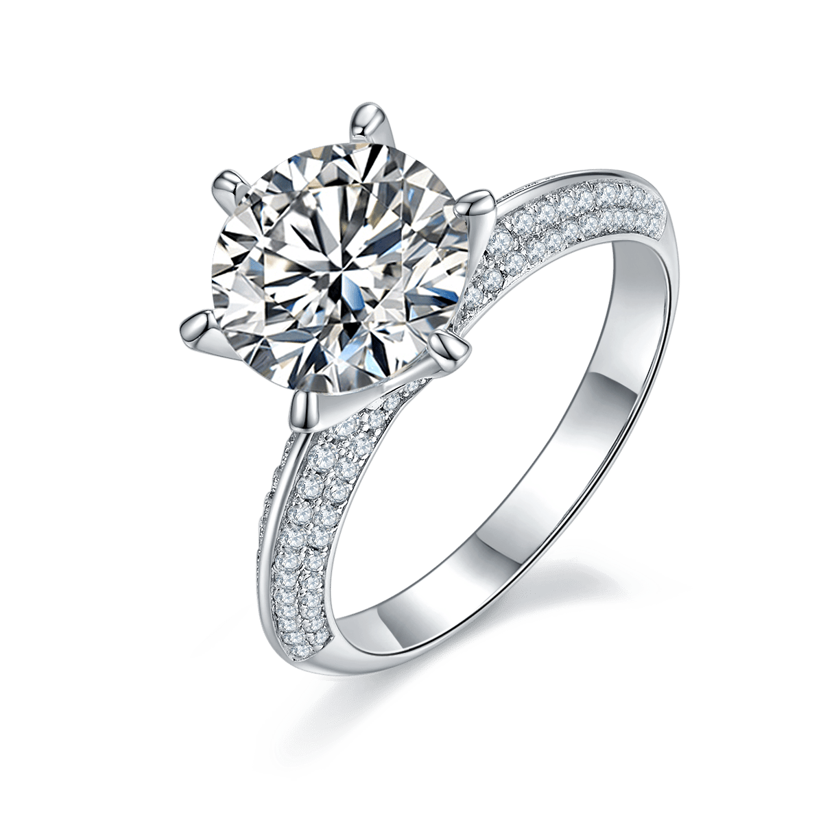 Round Moissanite Solitaire Ring | 6-Prong Pavé Band | 925 Sterling Silver