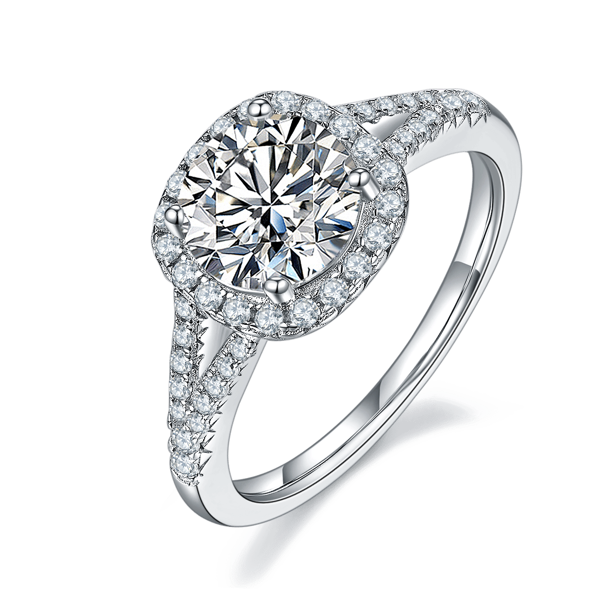 1.5ct Round Cut Moissanite Halo Ring | Split-Shank Pavé Solitaire