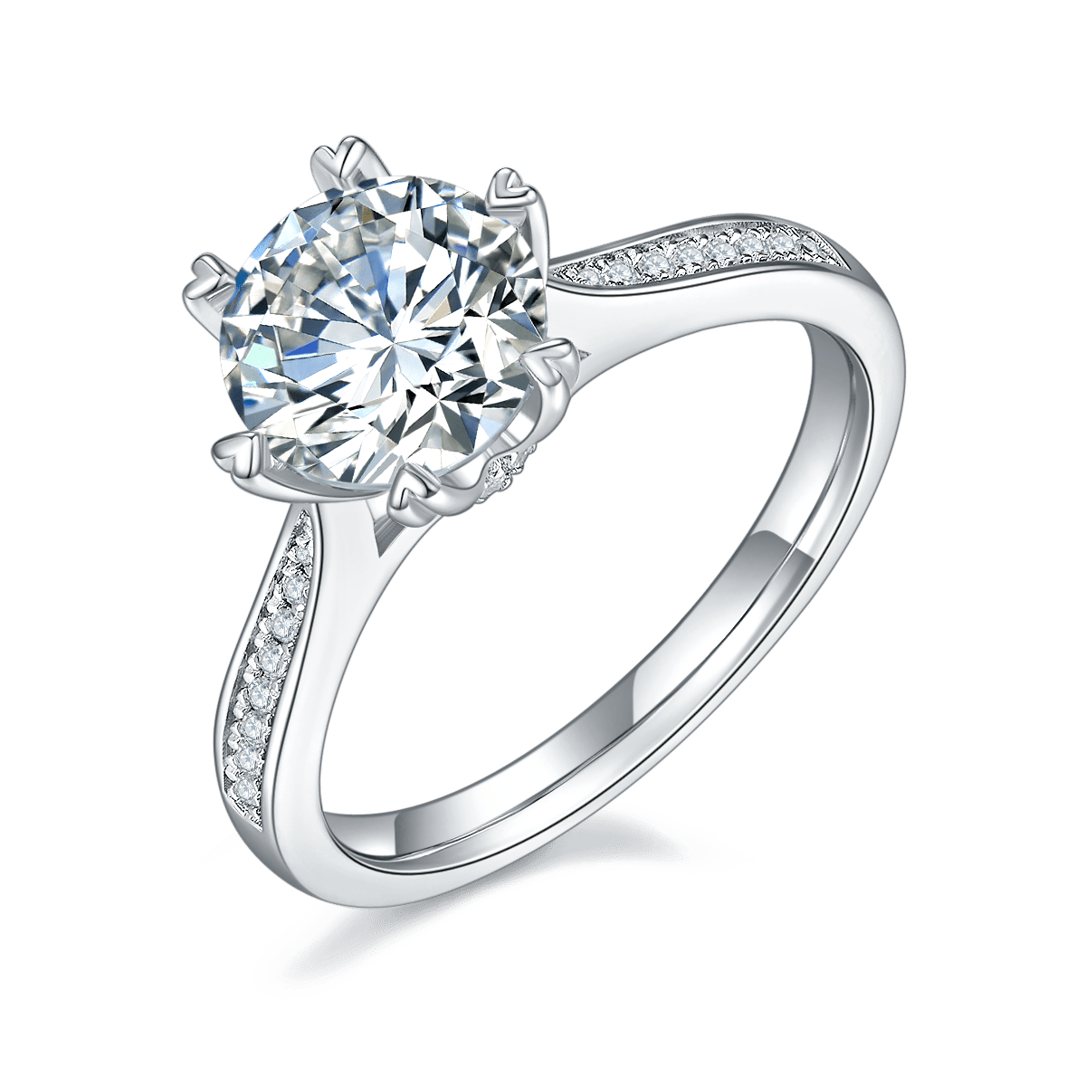 Fantasy Forest Pink Moissanite Solitaire Ring | 2ct DEW 8mm Round | Heart-Prong Pave Band
