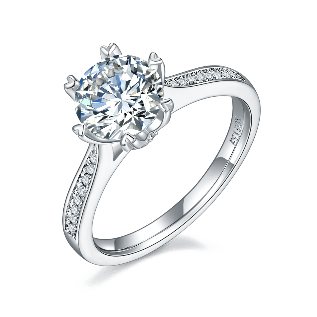 1.5ct Round Moissanite Solitaire Ring | Heart-Prong Pavé Band | Sterling Silver