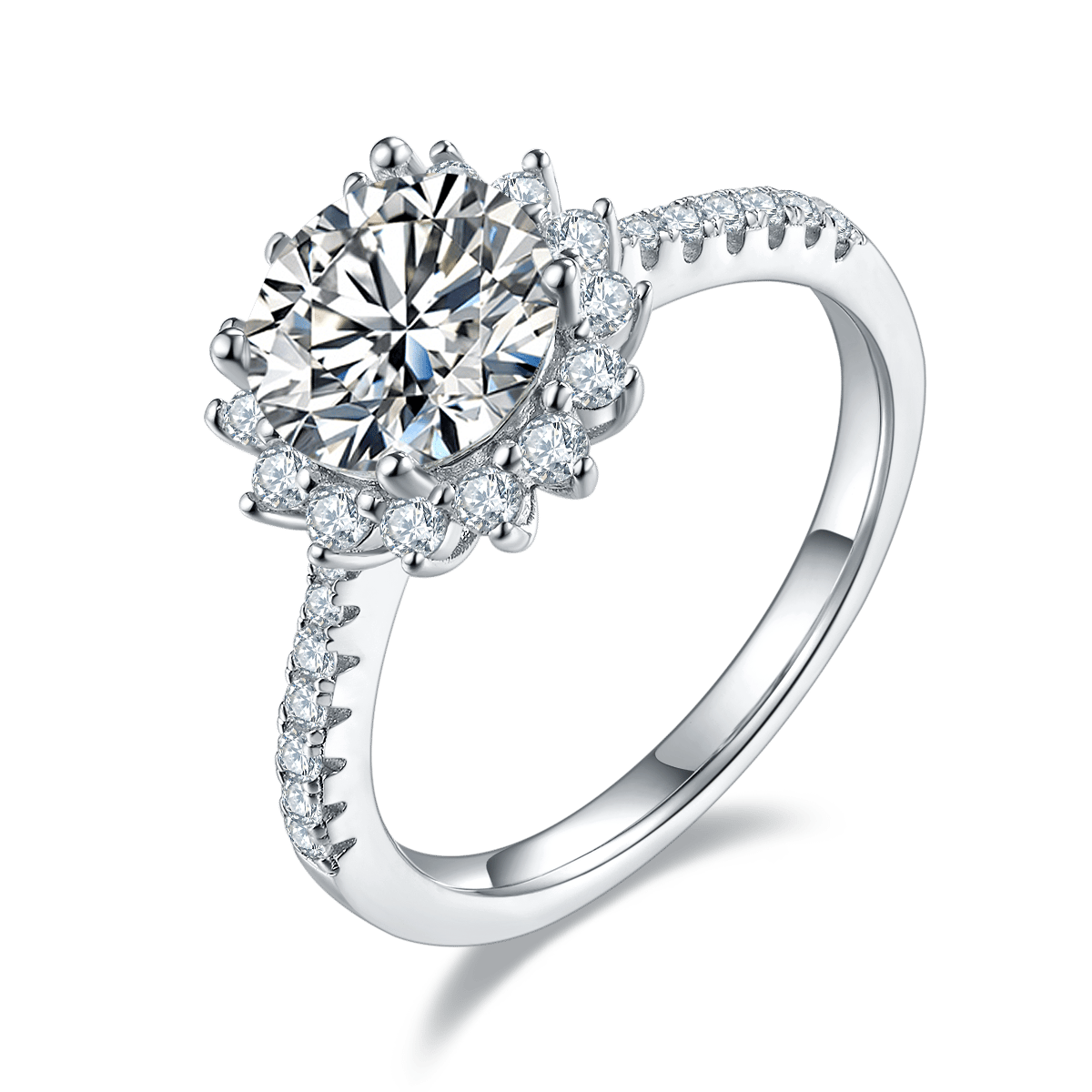 Sunflower Halo Moissanite Ring | Round Center & Petal Halo | 925 Silver Pave Shoulders