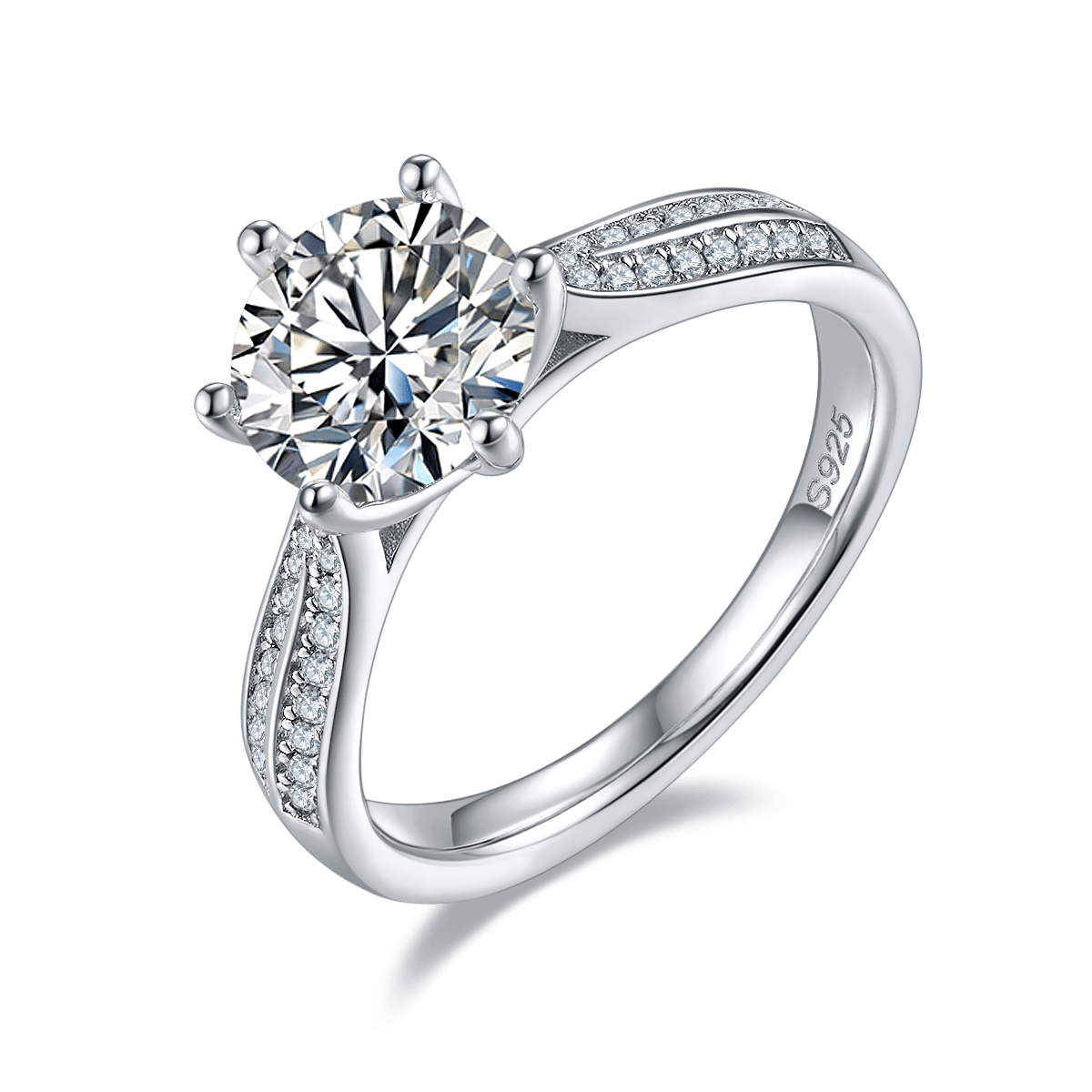 2 Carat Round-Cut Moissanite Solitaire Ring | 6-Prong Crown Setting | Pavé Shoulders | 925 Silver