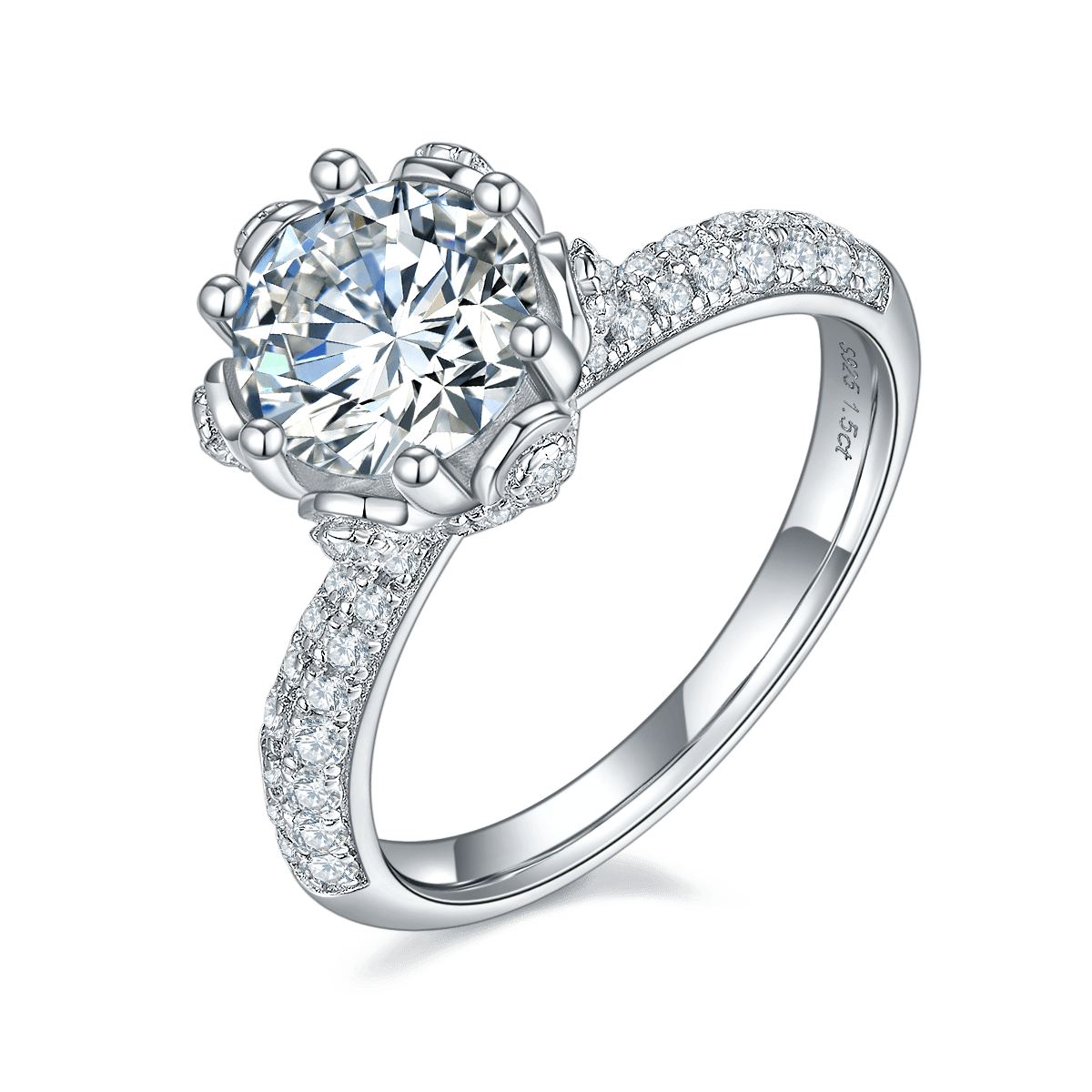 Floral Moissanite Statement Ring | 1.5ct DEW Round Center | Flower Basket & Pavé Shoulders
