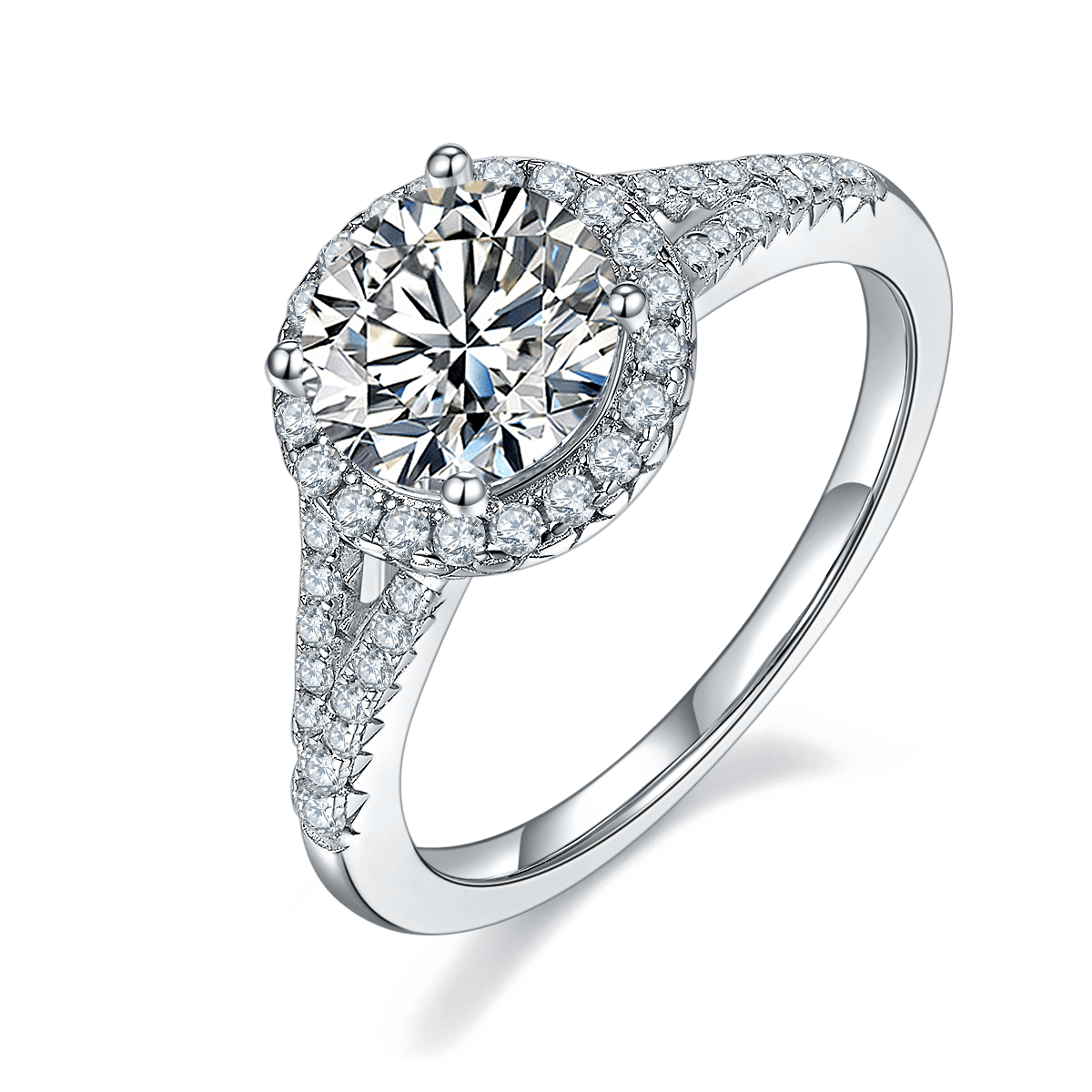 Double Shank Moissanite Ring | 1.5ct Round Halo, Split-Shank Pave Band | DEF VVS