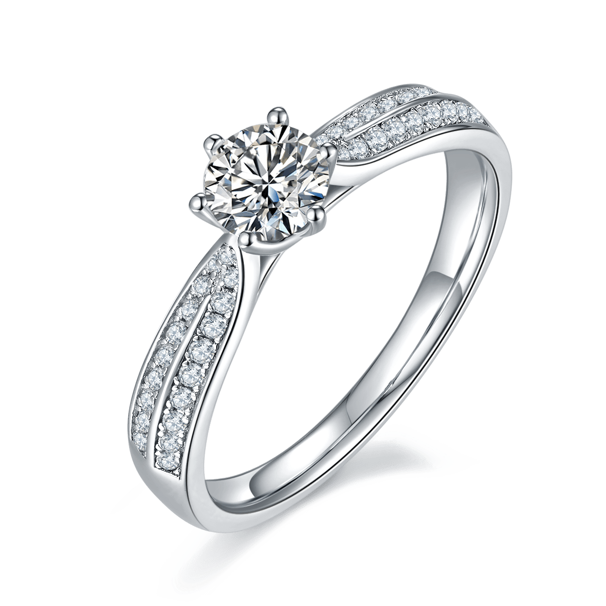 Round Moissanite Solitaire Ring | Pavé Double-Row Shoulders | 0.5ct DEW Sterling Silver