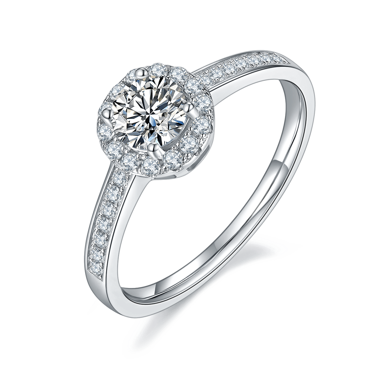 Round Cut Moissanite Halo Ring | 0.5ct DEW 5mm Pavé Band 925 Sterling Silver