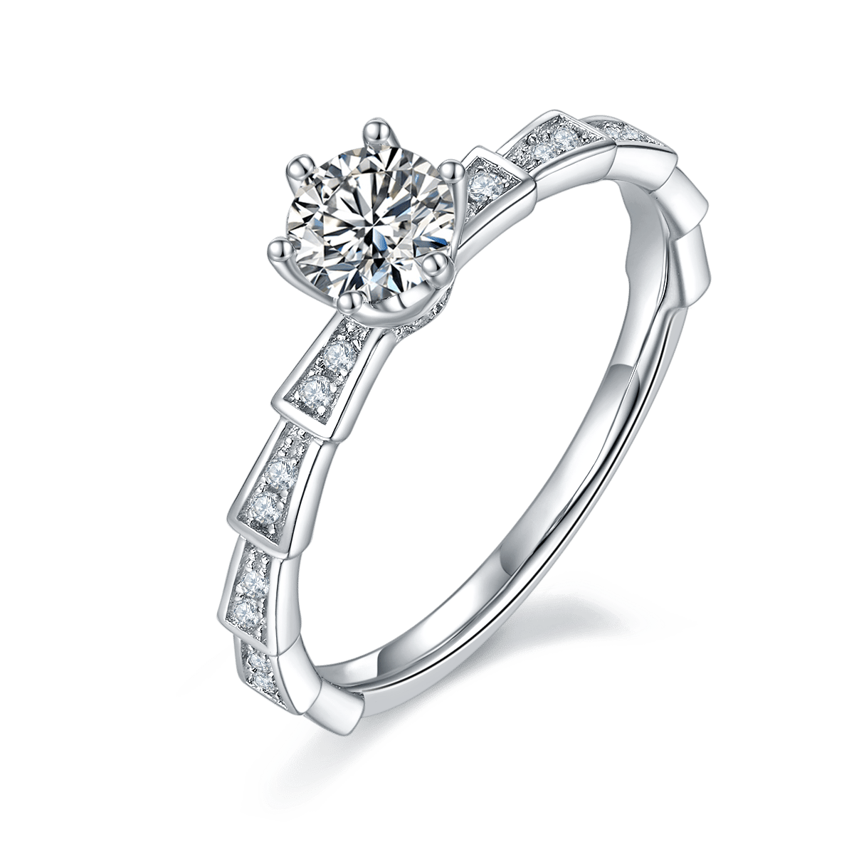 Round Moissanite Solitaire Ring | Segmented Serpent-Scale Band | 0.5ct DEW Sterling Silver